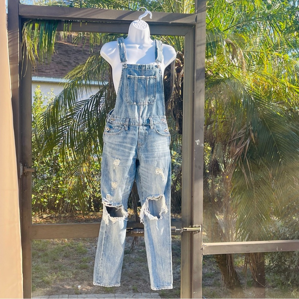 Lucky Brand Light Blue Distressed Denim Overalls